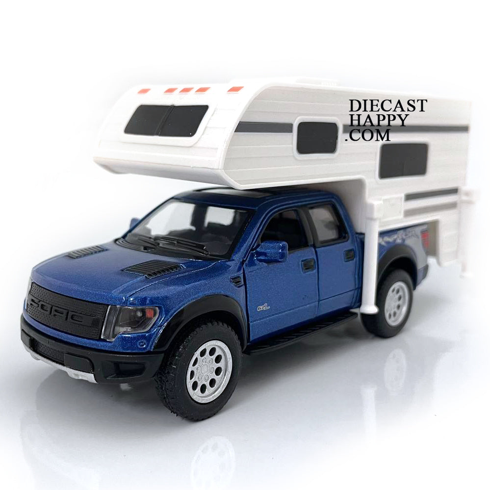 2013 Ford F-150 SVT Raptor Supercrew w/ Camper 1:46 Scale Diecast Model Blue by Kinsmart