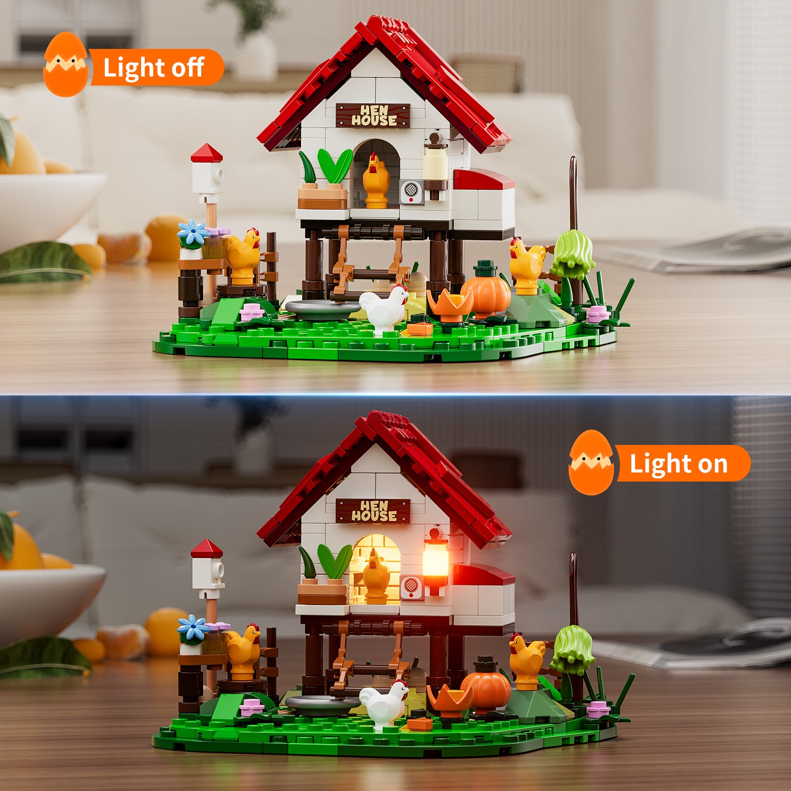 FUNWHOLE Casa Della Gallina Con Luci LED, Set Di Costruzioni 323 Pezzi Per Adulti E Ragazzi, Pollaio Con Animali Della Fattoria
