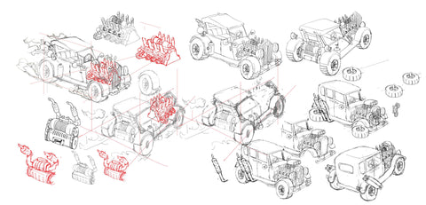 Original Design Sketch of F9019-Steampunk Vintage Car