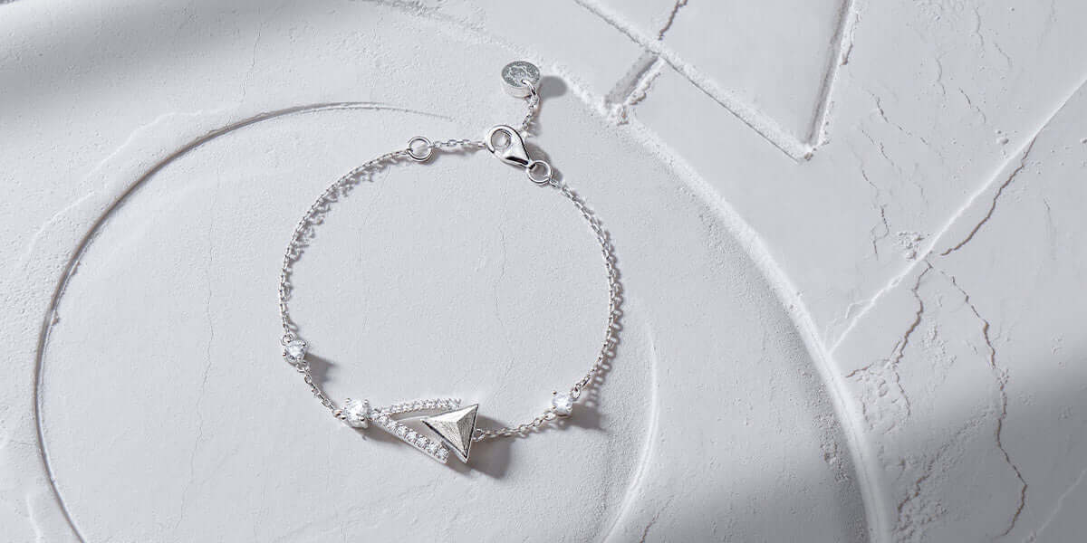 Women's Sterling Silver Bracelet with Triangle Meteorite and CZ Diamonds