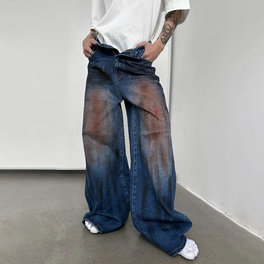 Jinquedai Men autumn y2k distressed tie-dye wide-leg jeans genderless street hip-hop personality fashion trend loose casual jeans unisex