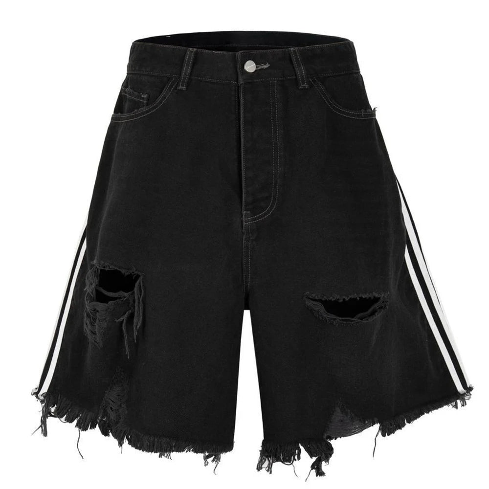 Jinquedai Side Striped Ripped Denim Shorts Trend Fashion Tassel Black Jeans Pants Men Summer Casual Streetwear Unisex Hip Hop Y2K Shorts