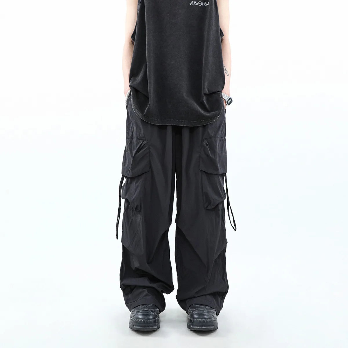 Korean Parachute Cargo Pants Men Hip Hop Wide Leg Cargo Trousers Male Streetwear Loose Casual Men Clothing Safari Style