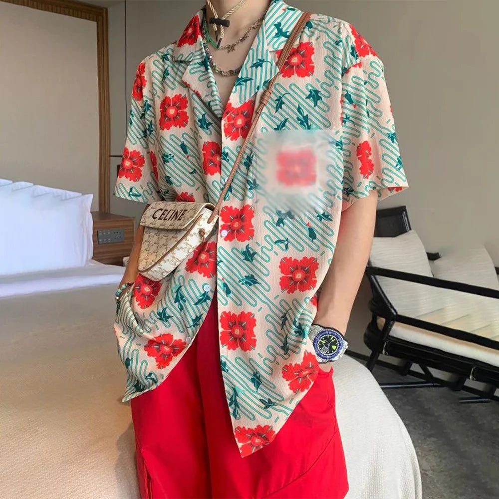 Jinquedai 2024 Fashion Flower Shirts Men Hawaiian Shirt Printing Summer Vacation Beach Lapel Short Sleeve Streetwear Genderless Clothing