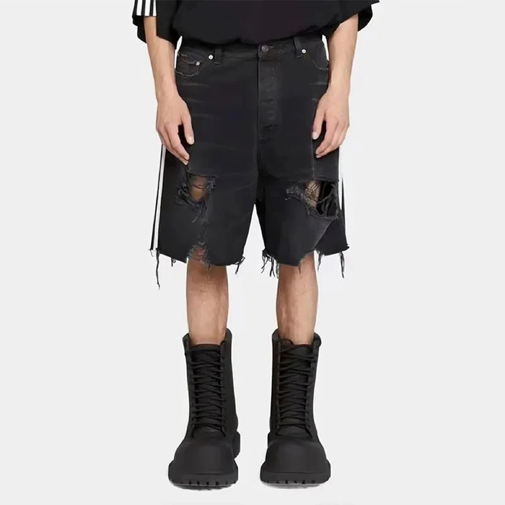 Jinquedai Side Striped Ripped Denim Shorts Trend Fashion Tassel Black Jeans Pants Men Summer Casual Streetwear Unisex Hip Hop Y2K Shorts