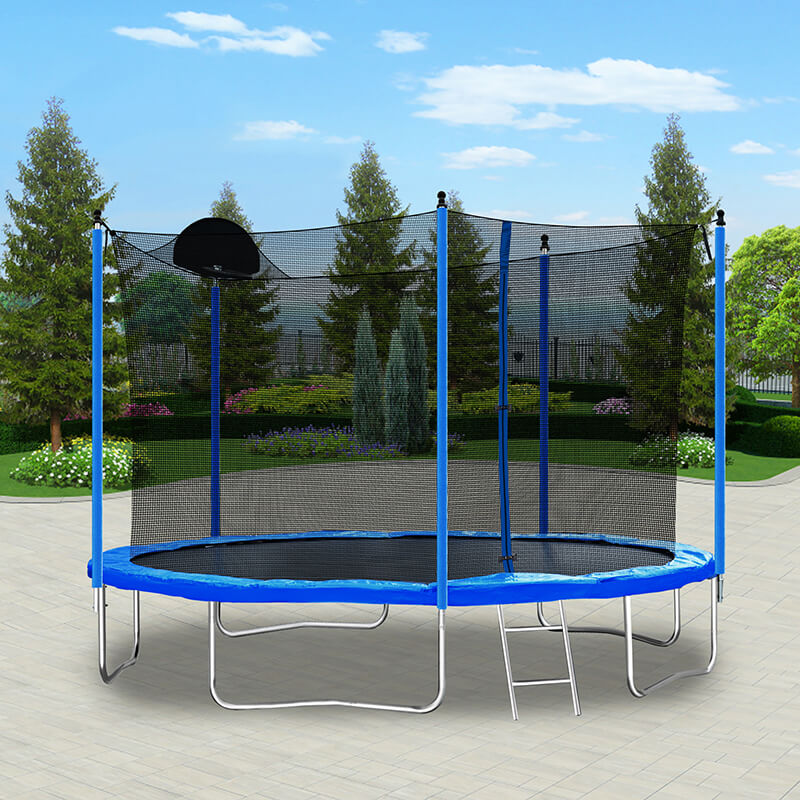 12FT Blue Outdoor Trampoline for Adults & Kids with Basketball Hoop, Ladder and Safety Enclosure Net - 141