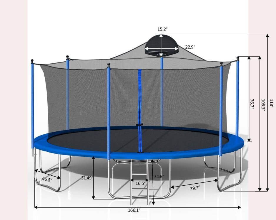 14FT Blue Outdoor Trampoline for Adults & Kids with Basketball Hoop, Ladder and Safety Enclosure Net - 166