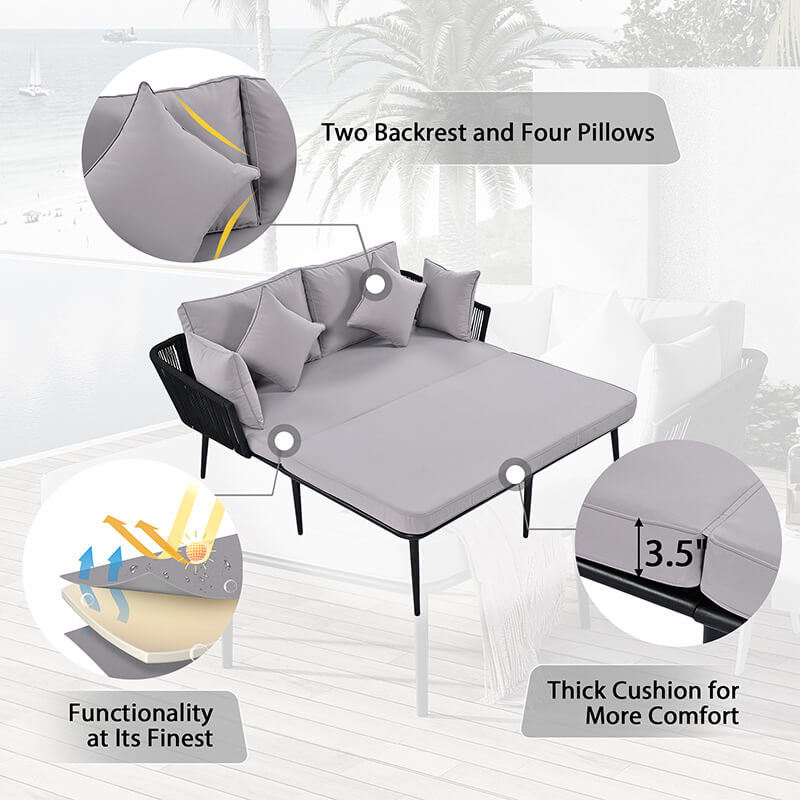 2-in-1 Modern Gray Outdoor Patio Daybed with Woven Nylon Rope Backrest and Washable Cushions