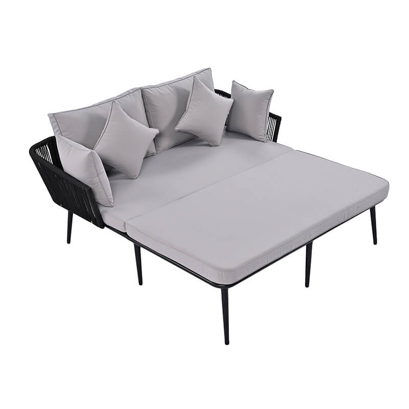 2-in-1 Modern Gray Outdoor Patio Daybed with Woven Nylon Rope Backrest and Washable Cushions