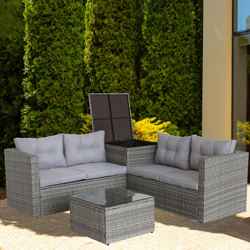 Outdoor Grey 4-Pieces Rattan Patio Sectional Sofa Set with Storage Box