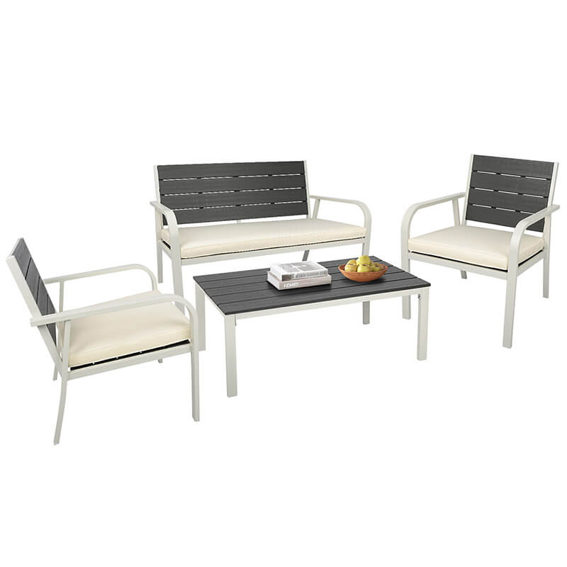 White 4 Pieces PE Loveseat Steel Frame Patio Conversation Sofa Set with Cushions & Coffee Table