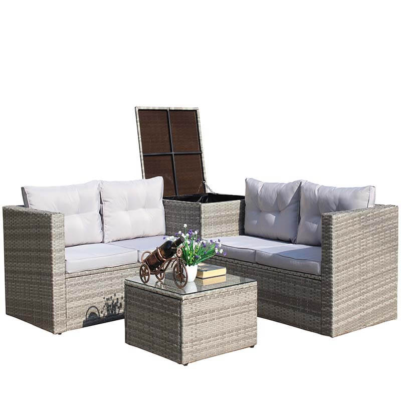 Outdoor Grey 4-Pieces Rattan Patio Sectional Sofa Set with Storage Box