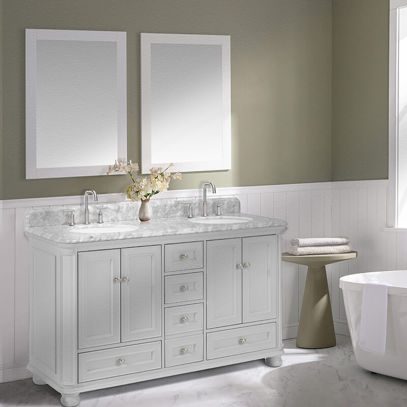 60' Gray Freestanding Bathroom Vanity with Carrara Natural Marble Top, Backsplash and 5 Drawers