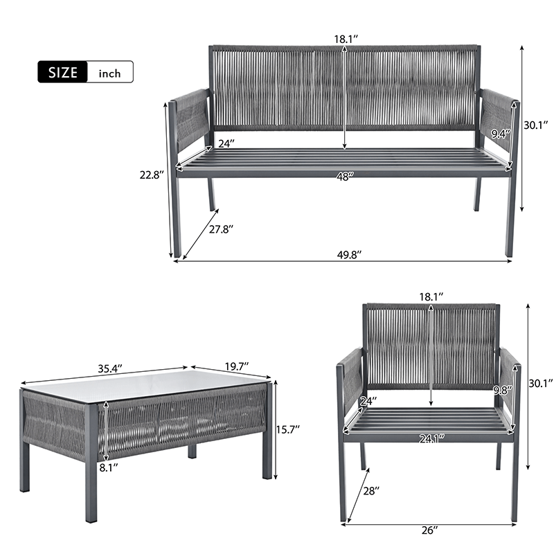 Grey 4-Pieces Woven Rope Outdoor Patio Conversation Furniture Set with Tempered Glass Table