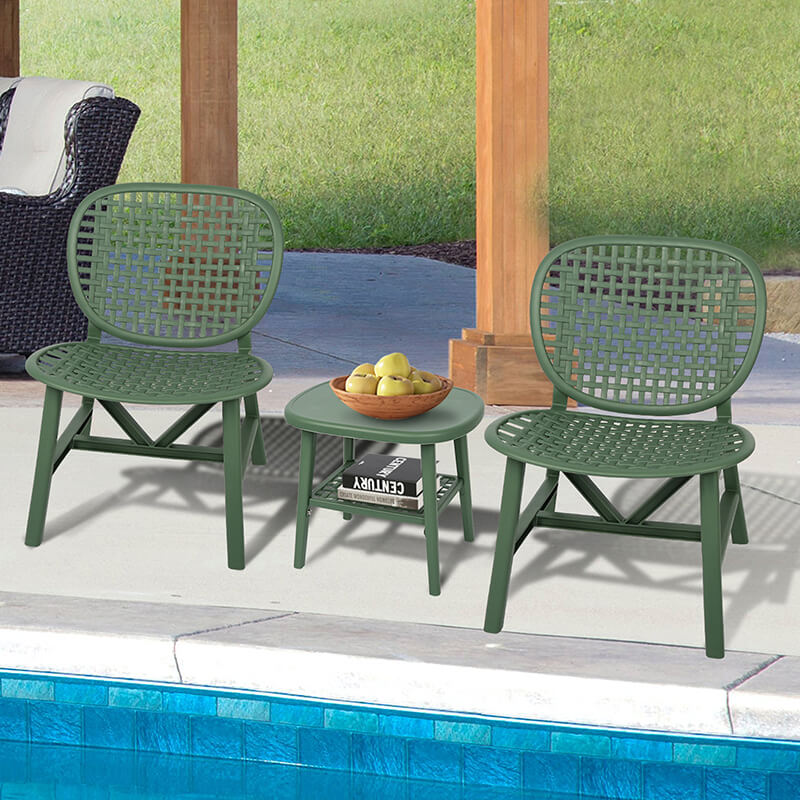 3-Pieces Green Hollow Design Patio Chair & Table Set with Open Shelf