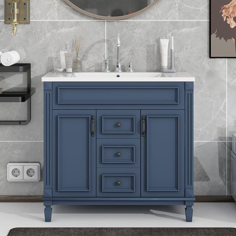 36' Modern Blue Bathroom Vanity with Top Sink, 2 Soft Closing Doors and 2 Drawers