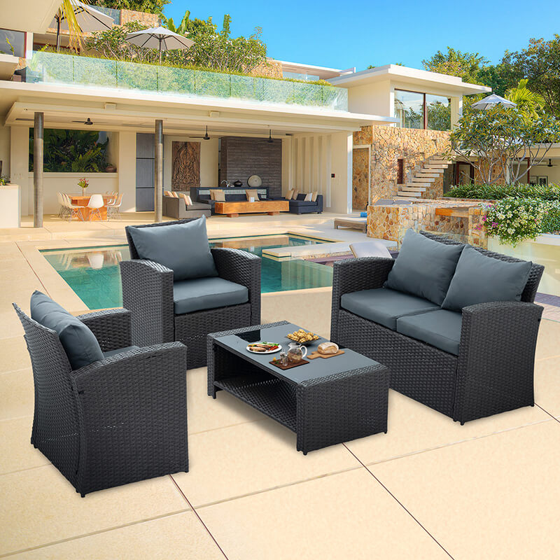 4-Piece Dark Grey Patio PE Wicker Outdoor Rattan Furniture Set with Tempered Glass Table