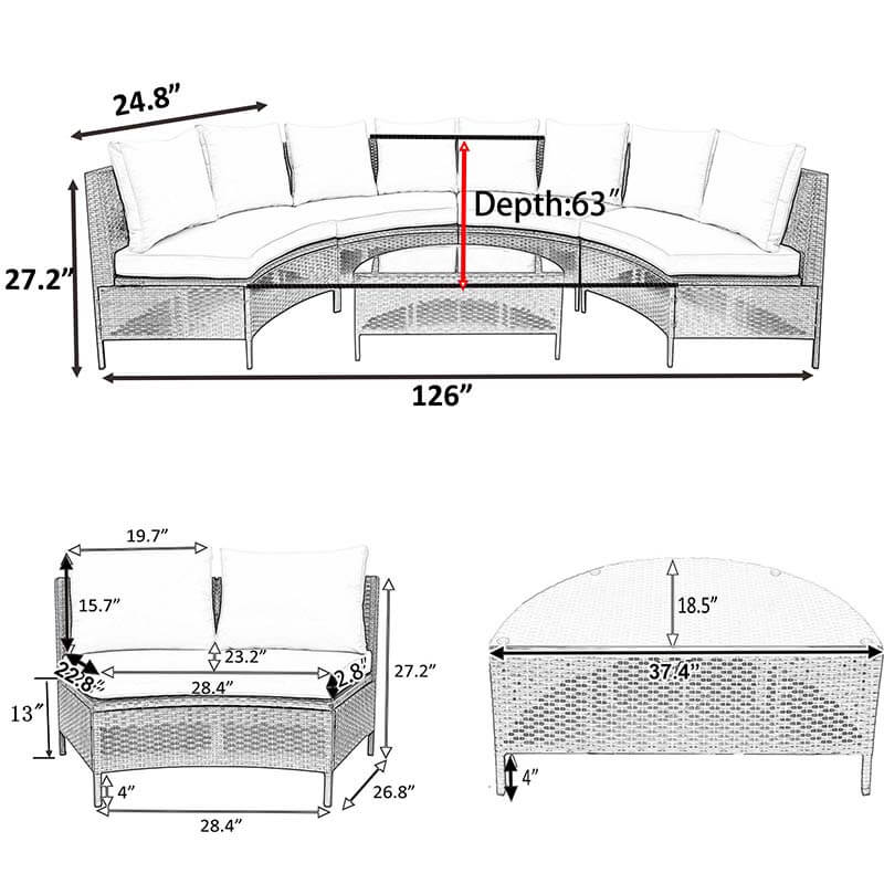 5-Piece Outdoor Half-Moon Brown Sofa Set with Grey Cushion & Tempered Glass Table