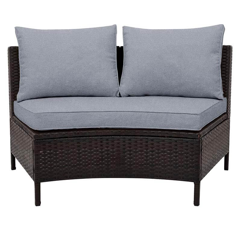 5-Piece Outdoor Half-Moon Brown Sofa Set with Grey Cushion & Tempered Glass Table