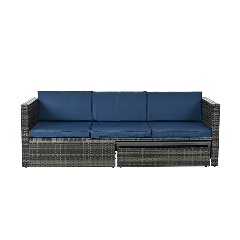 5-Piece Seasonal Grey Wicker Sofa Set with Blue Cushion & Lift-Top Coffee Table