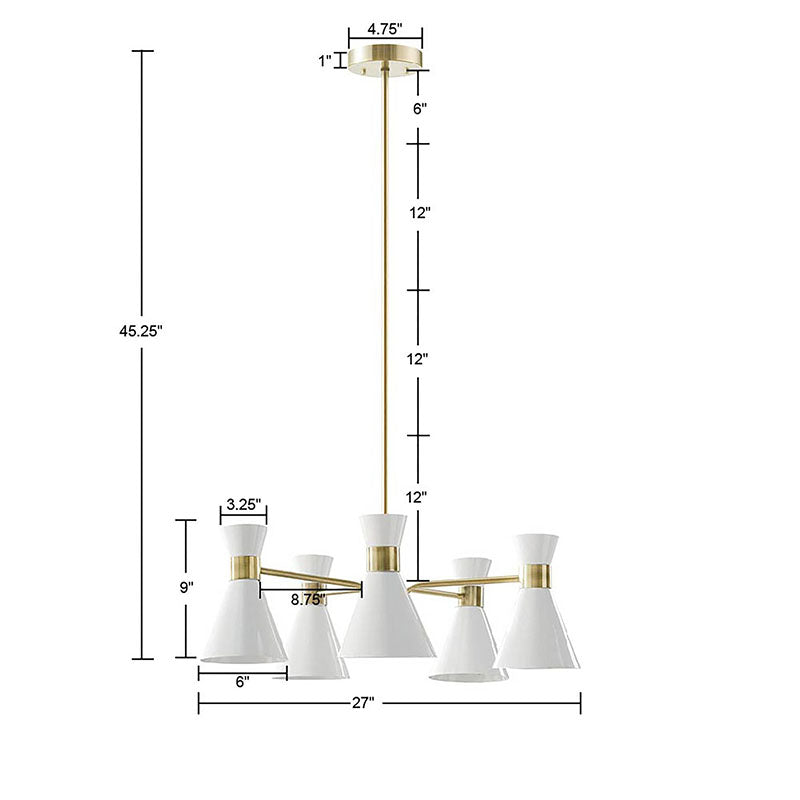 5-light White Metal Chandelier in Cone-Shaped Shade & Antique Brass