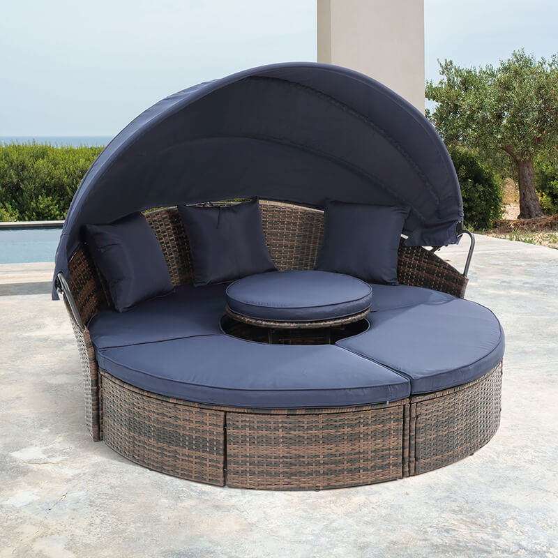 Round Navy-Blue All-weather Wicker Patio Sofa Bed with Lift Coffee Table