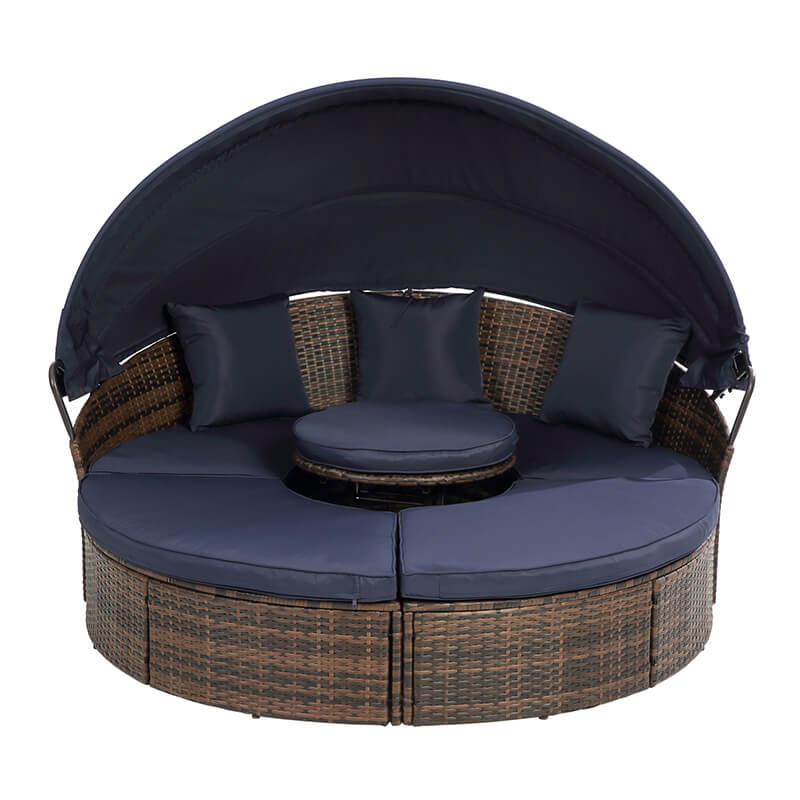 Round Navy-Blue All-weather Wicker Patio Sofa Bed with Lift Coffee Table