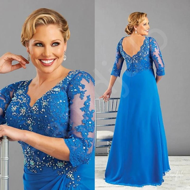 Plus Size Long Mother Of The Bride Dresses V Neck 3/4 Sleeves Royal Blue Chiffon Beaded Formal Groom Mother Wedding Party Gowns