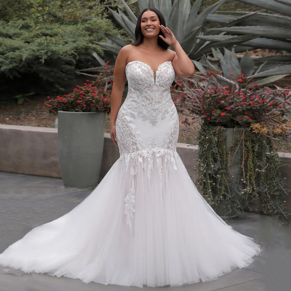 Tulle Mermaid Wedding Dresses Plus Size Sweetheart Neck Sleeveless Bride Gowns Lace Appliques Sweep Train Vestido De Novia 2023
