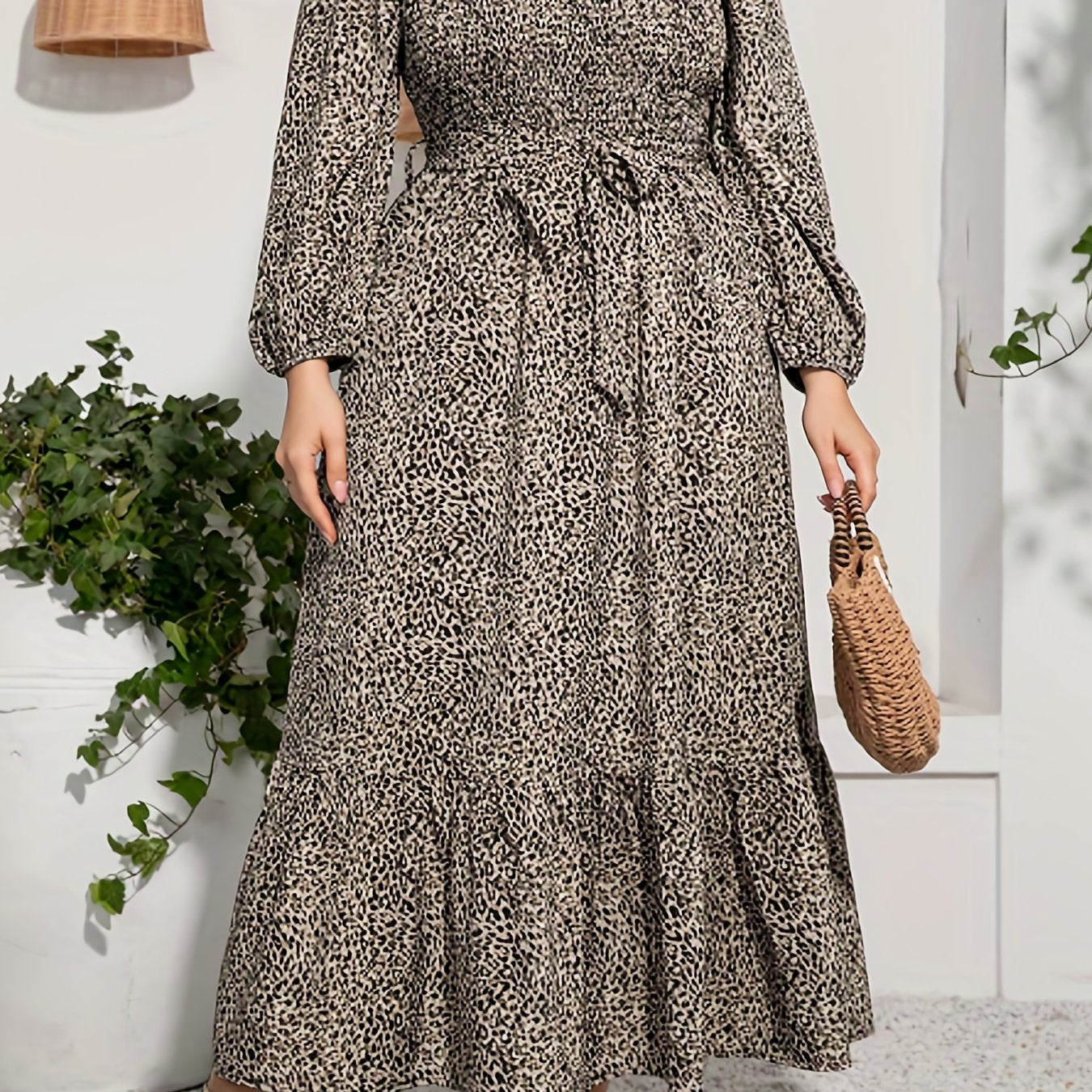 Plus Size Casual Dress Womens Plus Leopard Print Lantern Sleeve Round Neck Ruffle Trim Maxi Smock Dress With Pockets