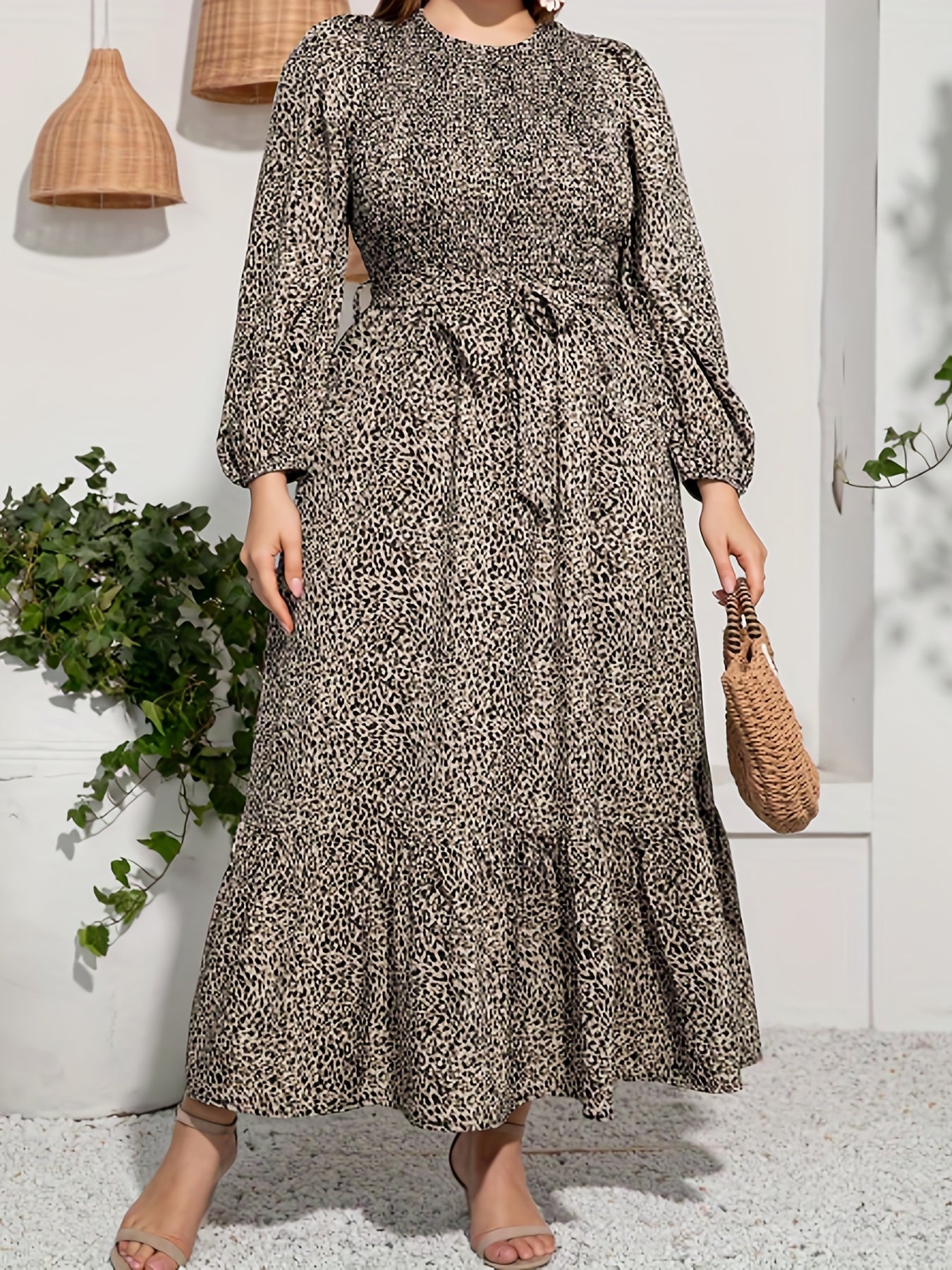 Plus Size Casual Dress Womens Plus Leopard Print Lantern Sleeve Round Neck Ruffle Trim Maxi Smock Dress With Pockets