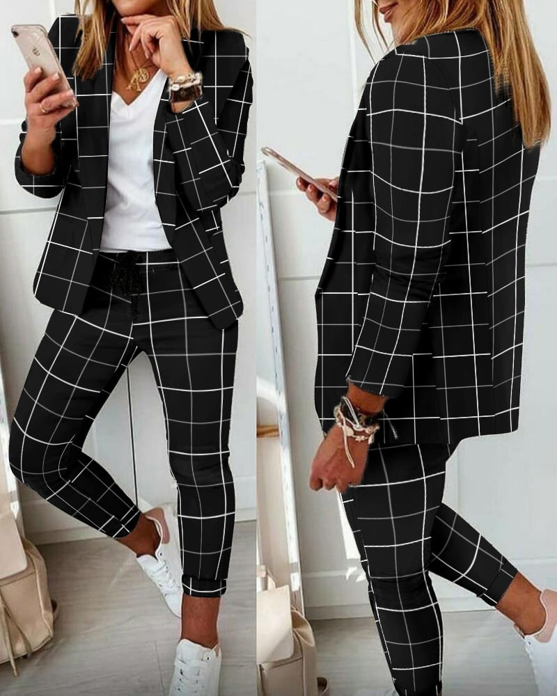 Autumn Lapel Collar Plaid Blazer Coat & Drawstring Pants Set Suit Work Wear