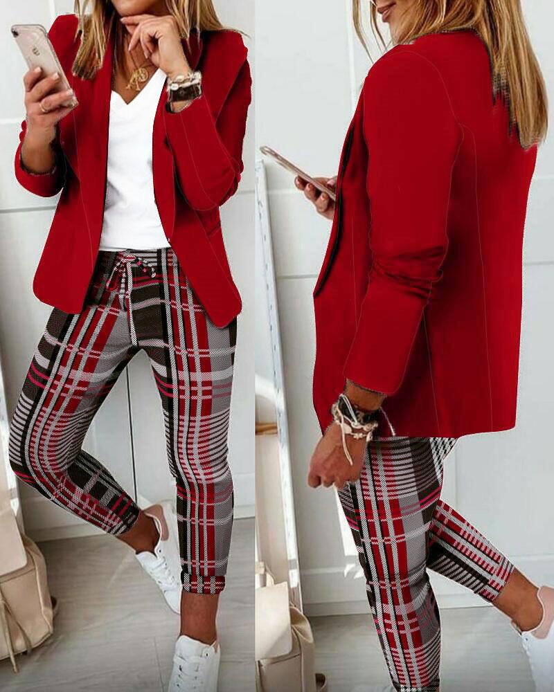 Autumn Lapel Collar Plaid Blazer Coat & Drawstring Pants Set Suit Work Wear