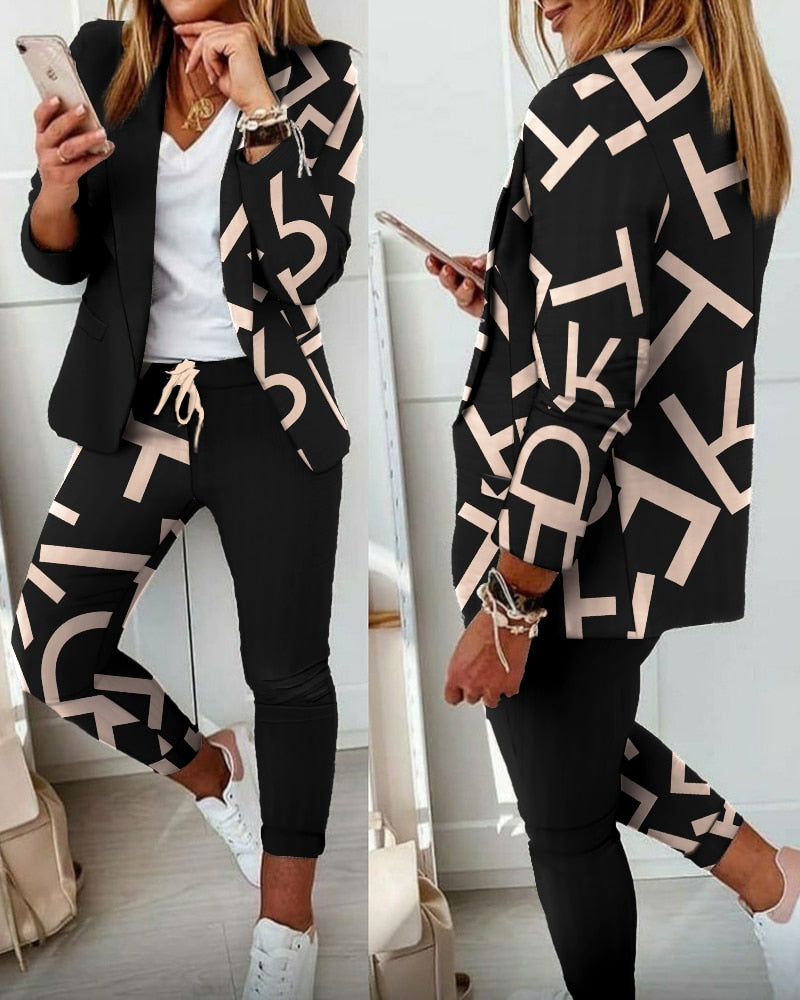 Autumn Lapel Collar Plaid Blazer Coat & Drawstring Pants Set Suit Work Wear