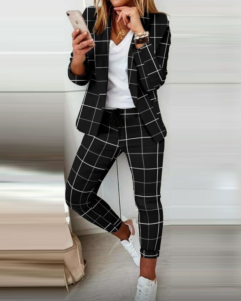 Autumn Lapel Collar Plaid Blazer Coat & Drawstring Pants Set Suit Work Wear