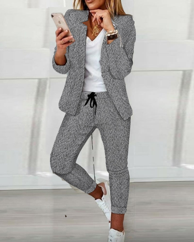 Autumn Lapel Collar Plaid Blazer Coat & Drawstring Pants Set Suit Work Wear