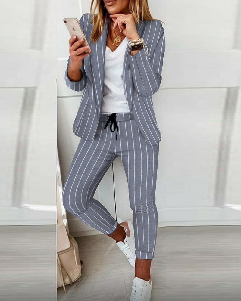 Autumn Lapel Collar Plaid Blazer Coat & Drawstring Pants Set Suit Work Wear