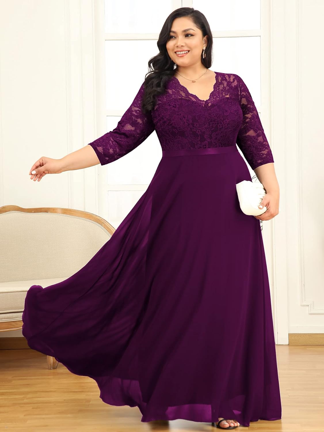 Formal Floral Lace V Neck Plus Size Bridesmaid Party Maxi Dress