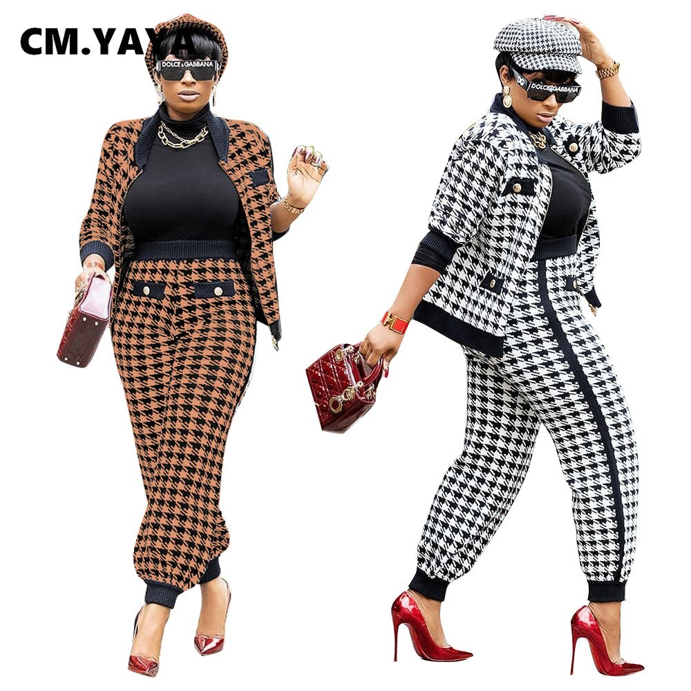 CM.YAYA Houndstooth Patchwork Two 2 Piece Set for Women Vintage Fitness Outfits Jacket + Pants Set Streetwear Tracksuit