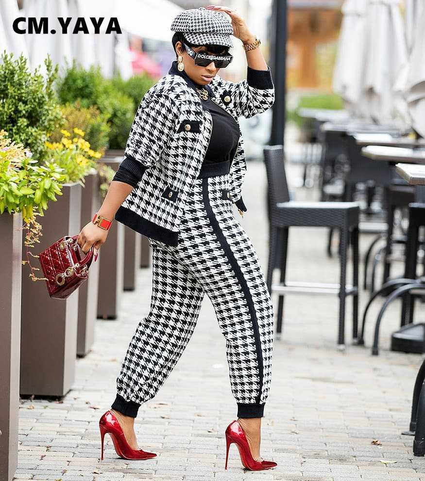 CM.YAYA Houndstooth Patchwork Two 2 Piece Set for Women Vintage Fitness Outfits Jacket + Pants Set Streetwear Tracksuit
