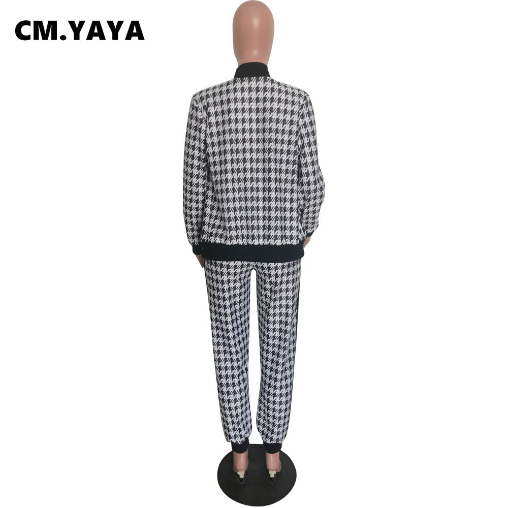 CM.YAYA Houndstooth Patchwork Two 2 Piece Set for Women Vintage Fitness Outfits Jacket + Pants Set Streetwear Tracksuit