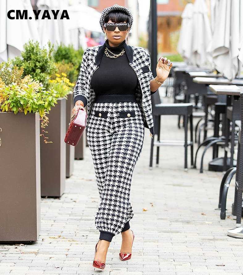 CM.YAYA Houndstooth Patchwork Two 2 Piece Set for Women Vintage Fitness Outfits Jacket + Pants Set Streetwear Tracksuit