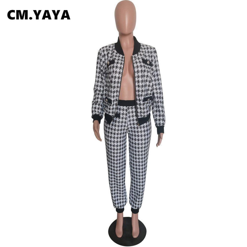 CM.YAYA Houndstooth Patchwork Two 2 Piece Set for Women Vintage Fitness Outfits Jacket + Pants Set Streetwear Tracksuit