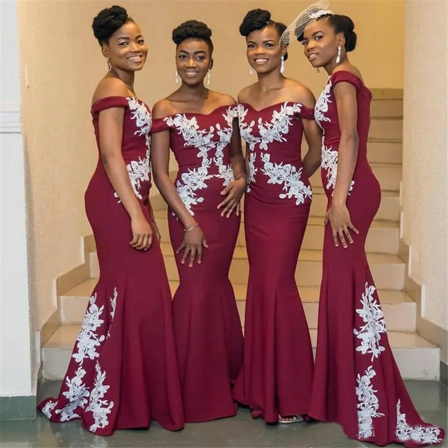 Burgundy African Bridesmaid Dresses Plus Size Off The Shoulder White Lace Mermaid Wedding Guest Dress Cheap