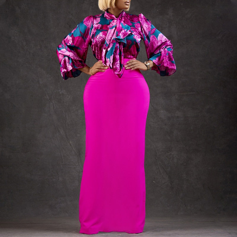 Print Strap Long Sleeve Shirt Half Skirt Two Piece Set Elegant and Elegant Style Celebrity Style