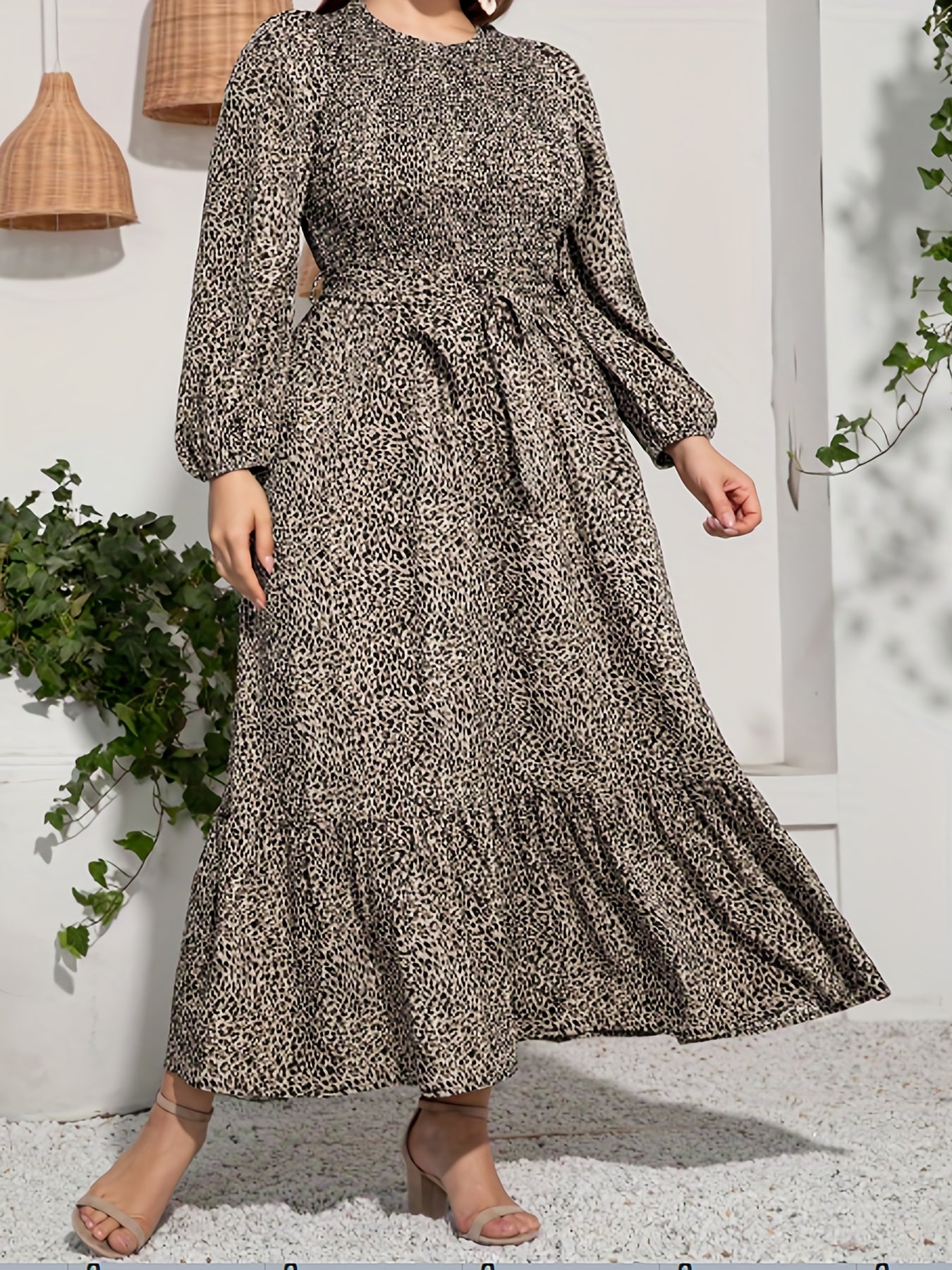 Plus Size Casual Dress Womens Plus Leopard Print Lantern Sleeve Round Neck Ruffle Trim Maxi Smock Dress With Pockets