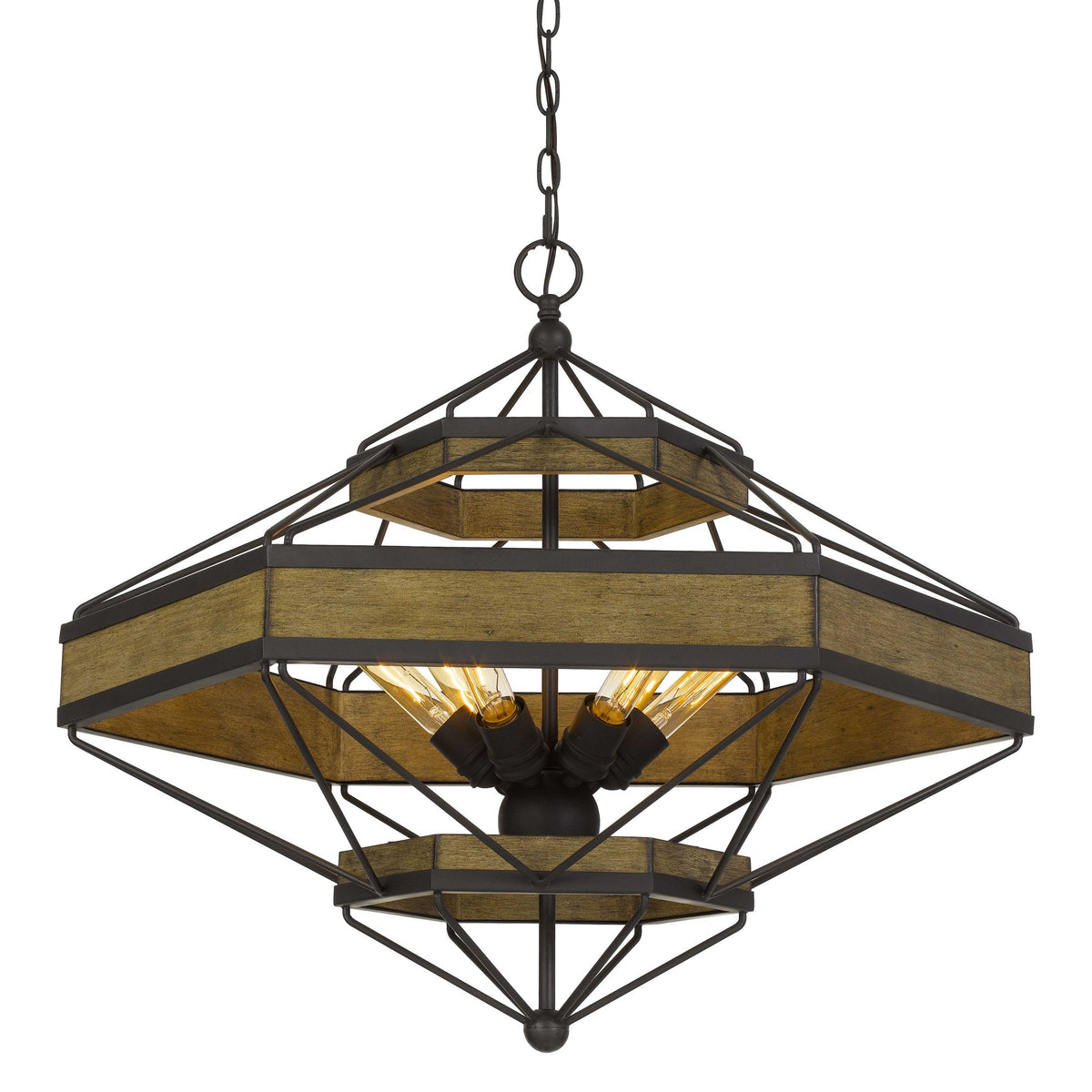 Benzara 6-Light Bronze Metal Chandelier With Brown Hexagonal Wooden Frame