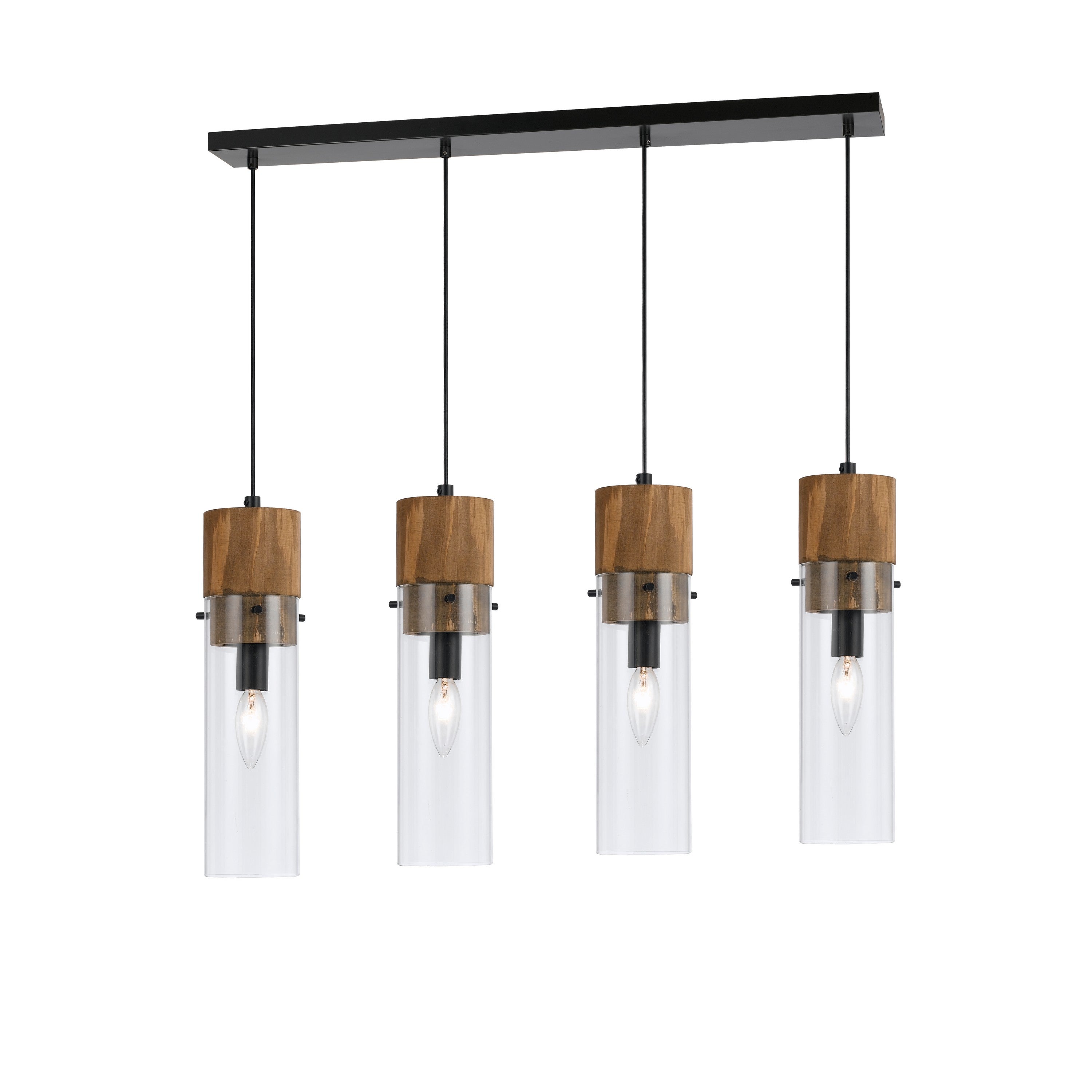 Benzara 60 x 4 Watt Brown Wood And Black Metal Track Lighting Pendant With Cylindrical Clear Shades