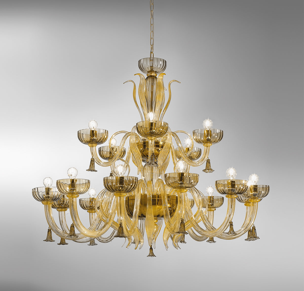 Sylcom Foscari 1521/12+6-K-FU.ORO Smoked and 24 Kt Gold Chandelier in Polished Chrome Metal Finish