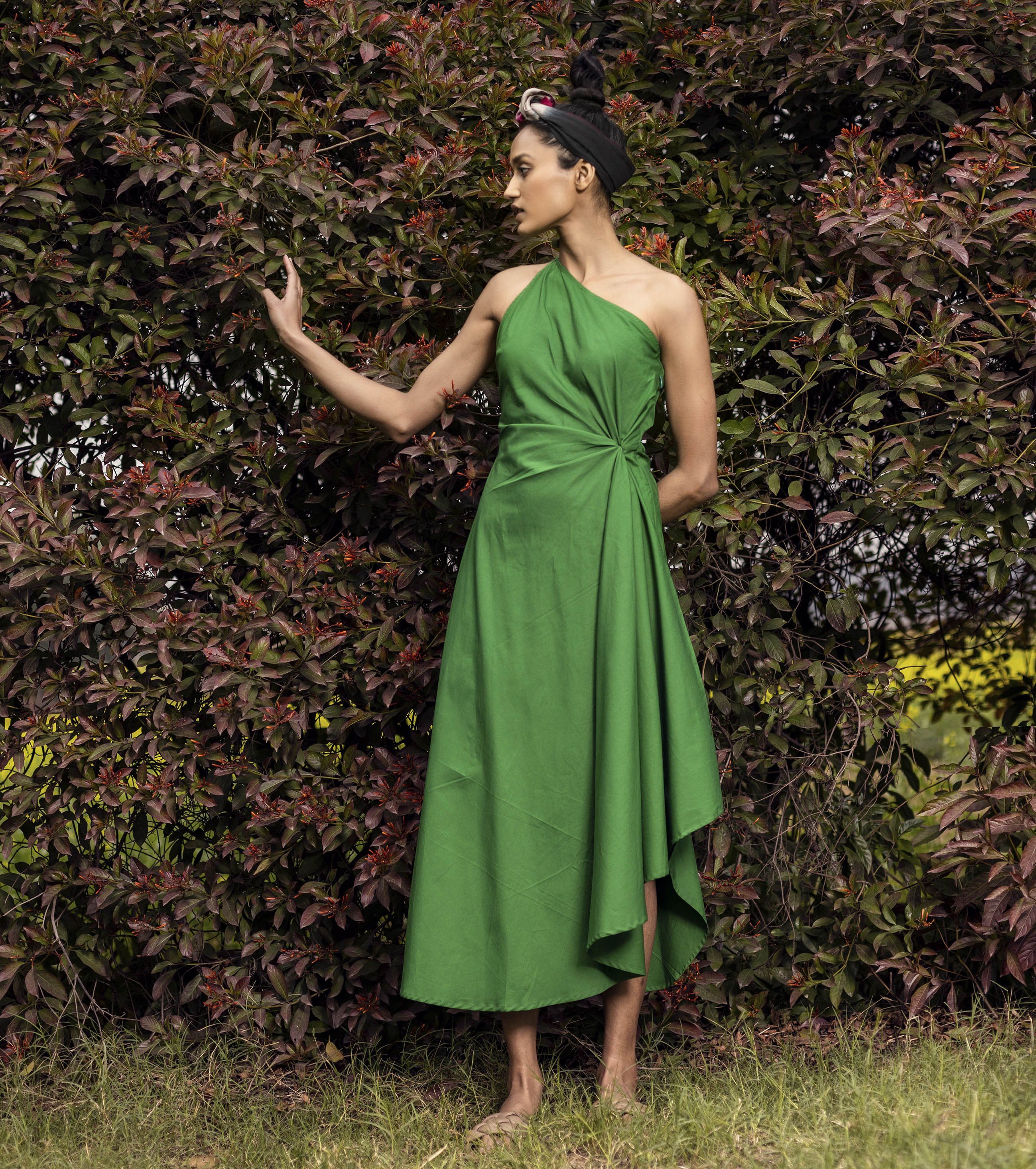 Green off shoulder Midi Dress